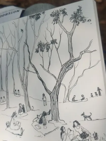 My first sketch in a new sketchbook, done at the 50th edition of Cubbon Paints. It captures the happy, creative vibe of the community.