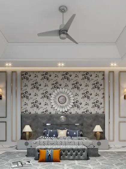 An alternate view of the elegant master bedroom, emphasizing the symmetry of the design and the plush, comfortable furnishings. The layout includes ample space for seating, making it a true retreat.