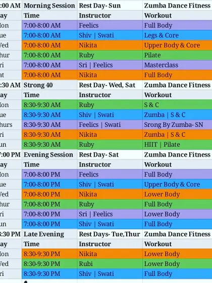 Our monthly schedule for November. We plan our classes to ensure a balanced workout week, covering everything from full-body routines to targeted leg and core days.