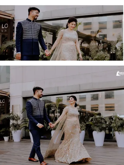 A diptych showing Shubham and Airika walking together, capturing their happy and relaxed interaction.