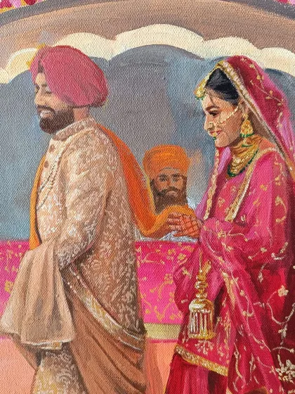 A close-up on the faces of the couple during their Anand Karaj ceremony in Ludhiana. Capturing this serene and personal moment is key.