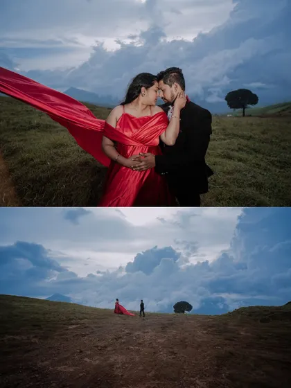A collage showing both a close-up and a wide-angle view of the couple's dramatic pre-wedding shoot with a red dress.