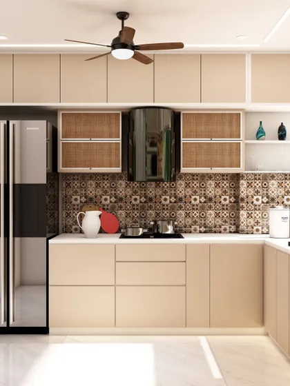 This angle shows the placement of the refrigerator and the use of rattan-fronted cabinets, which add a touch of natural texture to the modern design.