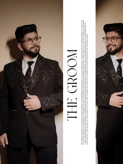 A stylish diptych of the groom, Darshil, looking sharp in his embellished black suit. This shot captures his confidence and anticipation on his big day.