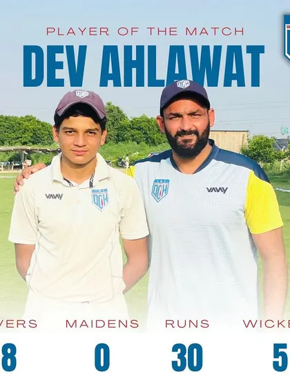 A graphic celebrating Dev Ahlawat's 5-wicket haul, which earned him the Player of the Match award.