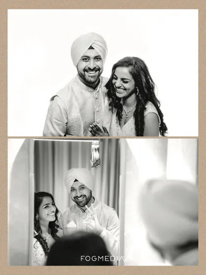 A black and white collage showing the couple's happy and candid interactions, reflecting their genuine connection.