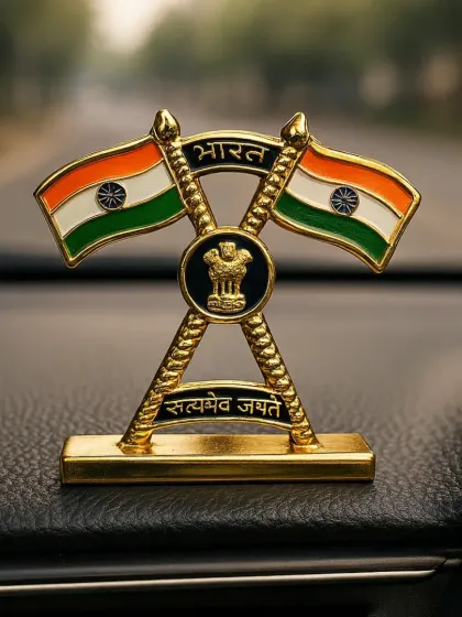 Add a patriotic touch to your car with this metal Indian flag dashboard stand, featuring the Ashoka emblem and 'Satyamev Jayate.'