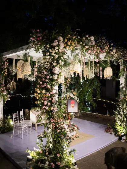 The wedding mandap for Ridhi and Prashanth was a dream of pastel florals and hanging elements. This setup at The Tamarind Tree is an inspiration for couples looking for an elegant and romantic ceremony.