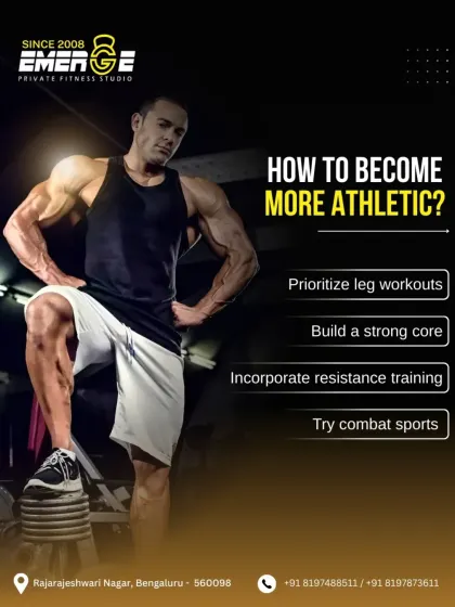 Want to become more athletic? This graphic provides key tips, including prioritizing leg workouts, building a strong core, and incorporating resistance training. We help you unlock the athlete within.