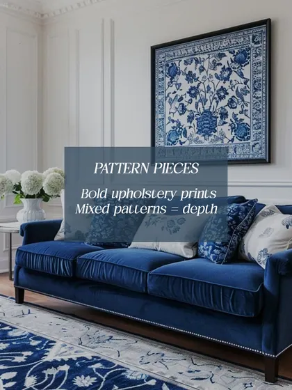 Patterned pieces add depth and personality. We use bold upholstery prints and mix different patterns on sofas and rugs to create visually rich interiors.