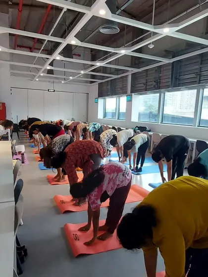 A large group of IKEA employees in a forward fold. It's wonderful to facilitate movement for so many people at once, creating a shared experience of wellness.