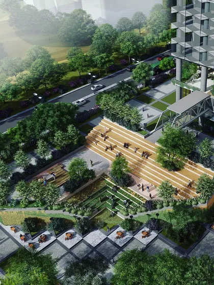 An aerial view of the Urban Ladder concept, showing the connection between the tower and the landscaped amphitheater, designed to host large company events and celebrations.