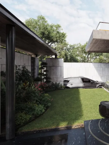 A view into a landscaped garden, framed by architectural elements. This render demonstrates how I visualize the layering of space, from the manicured lawn and curved garden bed to the covered carport in the background.