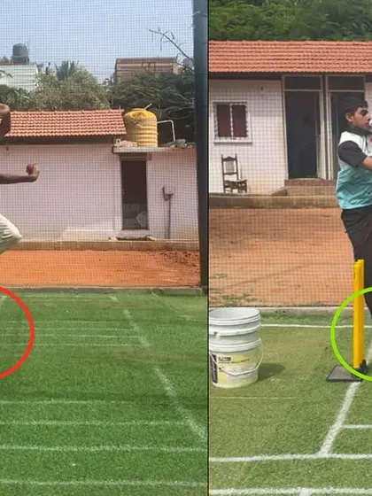 This before and after demonstrates the importance of a controlled landing. We corrected the derailed action by ensuring the back foot landed correctly, leading to a much more aligned and powerful finish.