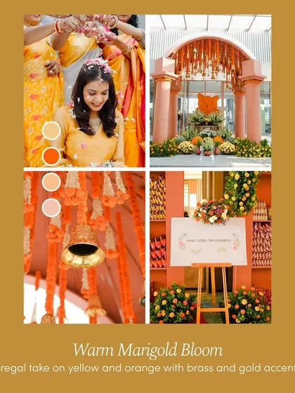 A 'Warm Marigold Bloom' color palette mood board. This collage presents a regal take on the traditional yellow and orange, incorporating brass and gold accents for a classic yet fresh look.