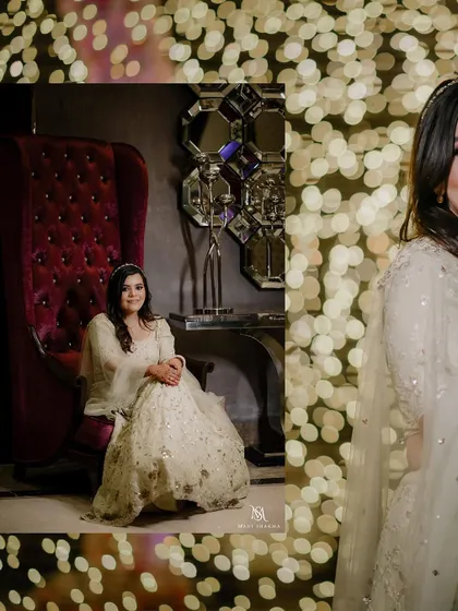 A creative portrait using bokeh lights to frame the bride.