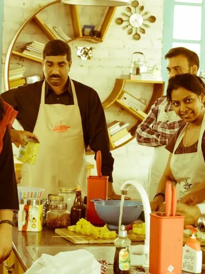 The energy in the studio is always buzzing during our corporate events. Here, a team gets hands-on with fresh ingredients, working together to prepare their feast.