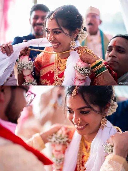 A collage capturing the tying of the mangalsutra, a significant and emotional part of the Hindu wedding ceremony.