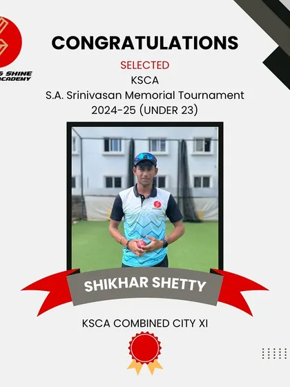 Congratulations to Shikhar Shetty on his selection to the KSCA Combined City team for the Under 23 Zonals. His talent and perseverance are an inspiration.