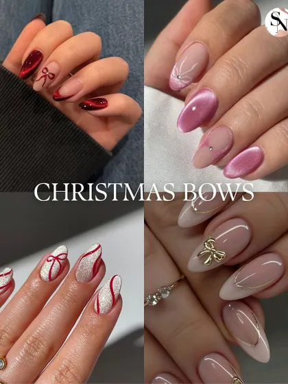 Christmas bows are a classic for a reason. This collage shows different takes on the trend, from simple painted bows to elegant 3D gold bow charms.