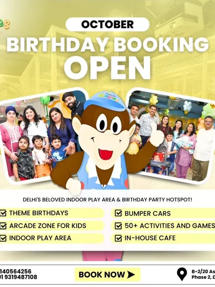 October birthday bookings are open! We are Delhi's beloved birthday party hotspot, offering themed parties, arcade fun, bumper cars, and over 50 activities to choose from.