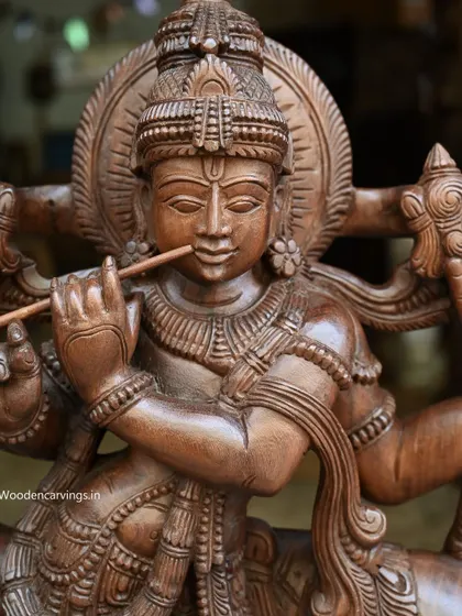 A close-up on the face of the 36-inch Venugopal Krishna, showcasing the fine craftsmanship and the peaceful aura of the deity.