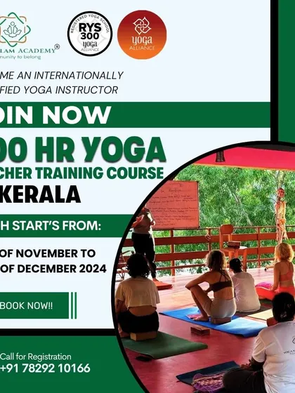 A poster for our 300-hour YTTC in Kerala, showing students in an outdoor shala overlooking lush greenery. This captures the essence of our nature-based healing retreats.