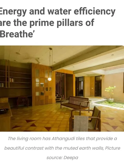 A publication clipping from The Better India, emphasizing that energy and water efficiency are the prime pillars of the "Breathe" house design.