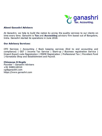 A brief overview of our advisory services. We function as your virtual CFO, handling bookkeeping, compliance, import-export code registration, MSME registration, and more to support your business operations.