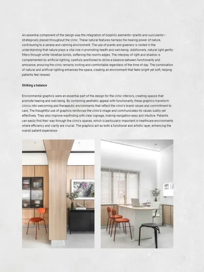 An excerpt from our feature in Architect and Interiors India, discussing the integration of biophilic elements and environmental graphics in the clinic's design.