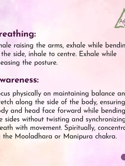 In Tiryak Tadasana, focus on maintaining balance and stretching along the side of the body, synchronizing your breath with the movement.