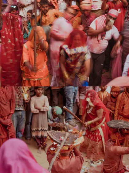 A comprehensive photo series from Lathmaar Holi in Barsana. These images document the unique tradition where women playfully hit men with sticks, recreating a legend of Lord Krishna and Radha. The photos are filled with motion, color, and raw emotion.