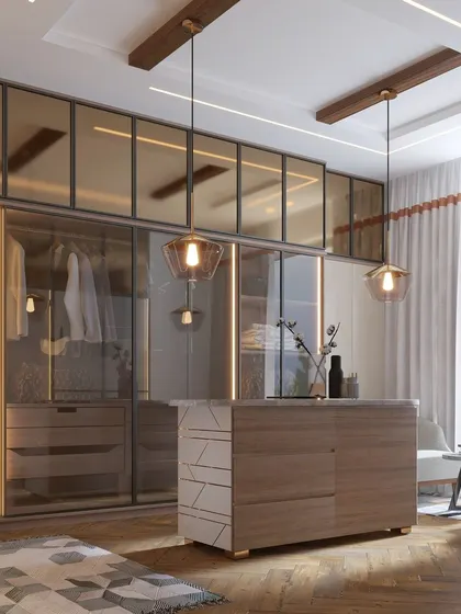A render of the walk-in closet, showing our initial vision. The design focuses on a central island for utility and display, surrounded by efficient storage solutions that blend seamlessly into the serene aesthetic of the room.
