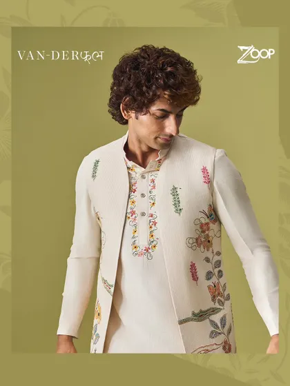 A closer look at the craftsmanship in the Vanderphool collection. This off-white jacket features delicate floral embroidery, perfect for adding a touch of artistry to your ethnic wear.