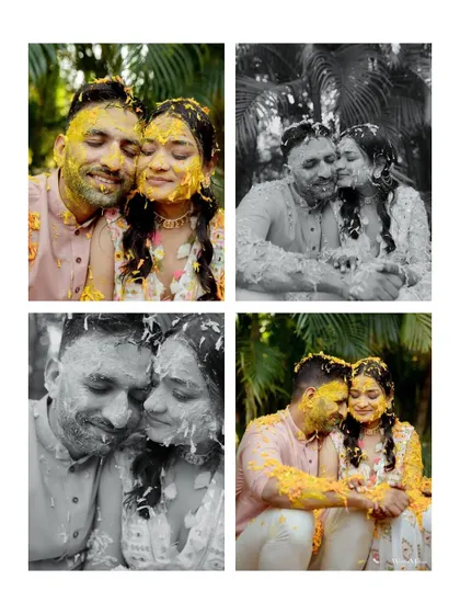 A collage of intimate and happy moments from a Haldi ceremony. The mix of color and black and white photos beautifully captures the couple's connection and the joy of the day.