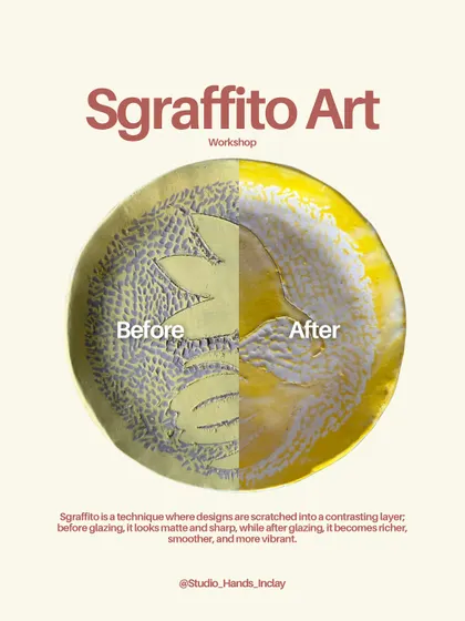 Another beautiful before and after transformation of a Sgraffito plate, showing how the firing process completes the artwork.