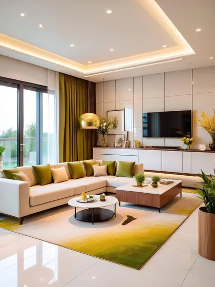 This living room design uses a warm, earthy palette of olive green and yellow. The floating TV console and paneled accent wall provide a clean, contemporary look.