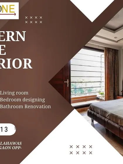 This graphic lists our modern home interior services, covering everything from the dining room and kitchen to bedrooms and bathrooms.