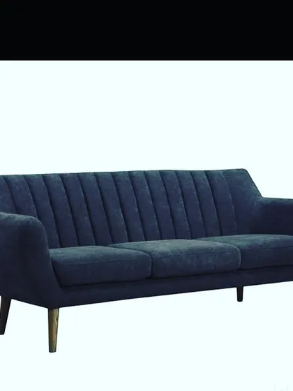 A classic mid-century modern design, this three-seater sofa features a gently curved frame, vertical tufting on the backrest, and tapered wooden legs. The dark blue fabric adds a sense of depth and sophistication, making it a timeless choice.