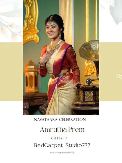 The lovely Amrutha Prem looking radiant in a cream and red silk saree with a full-sleeve brocade blouse for my 'Navataara' series.
