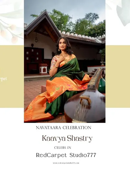 Part of my 'Navataara' series, featuring the talented actress Kaavya Shastry in a beautiful dark green and orange silk saree, paired with a custom embroidered blouse.