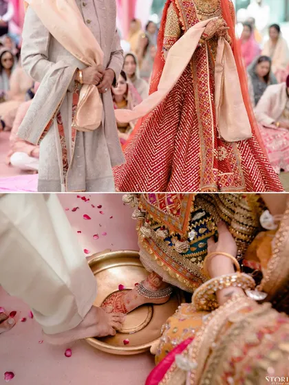 A detail shot focusing on the traditional rituals, showing the tying of the knot and the washing of feet.