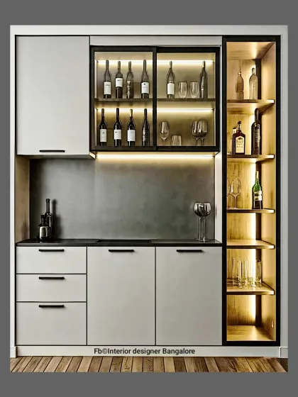 A sleek and modern home bar unit. This design includes a backlit display cabinet for wine bottles and glasses, handle-free drawers and cabinets, and a dedicated vertical shelf for showcasing special bottles.