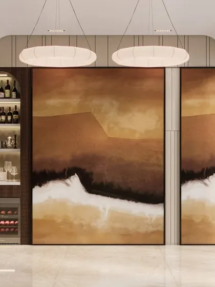 A render of a sophisticated bar area integrated into a living space. The design features a backlit open display for bottles and glassware, a wine fridge, and is concealed behind large, artistic panels for a seamless look.