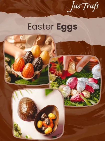 Our Easter egg collection design combines striped eggs, wrapped pieces and a larger chocolate egg with smaller treats inside.