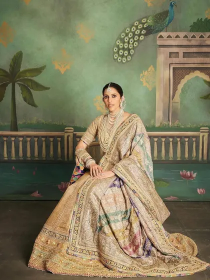 A straight-on view of the 'Hastakshar' lehenga, showcasing the incredible layers of jewelry and the regal poise. The backdrop was chosen to complement the royal vibe of the ensemble.