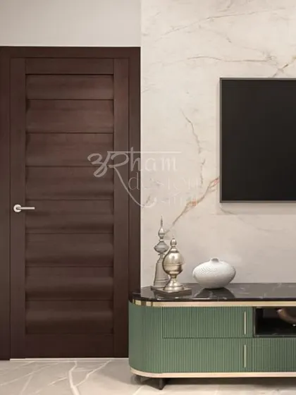 A wider view of the TV unit, showing how the rich, dark wood of the door contrasts with the light marble wall. This balance of materials and colors is key to my Modern Indian design approach.