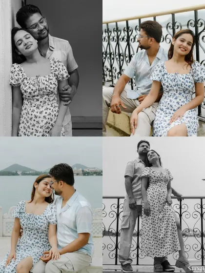A collage of four romantic moments from the Udaipur shoot, including both color and black and white images.