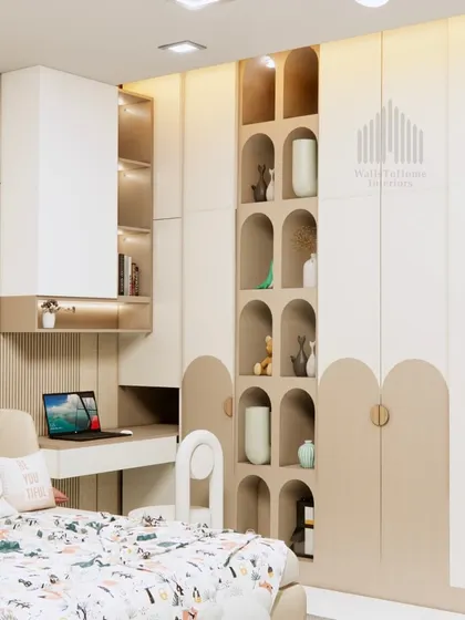 A whimsical kid's bedroom render with arched, built-in shelving, a compact study desk, and a soft, neutral color palette.