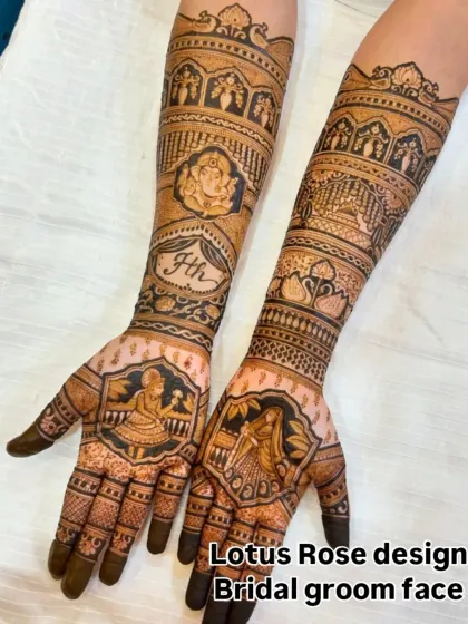 A complete bridal design featuring portraits of the bride and groom on the palms. The arms include a Ganesh figure for blessings and lotus motifs, combining personalization with tradition.